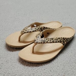 CROCS Woman's Leopard Print Sandals - Tan Size 9